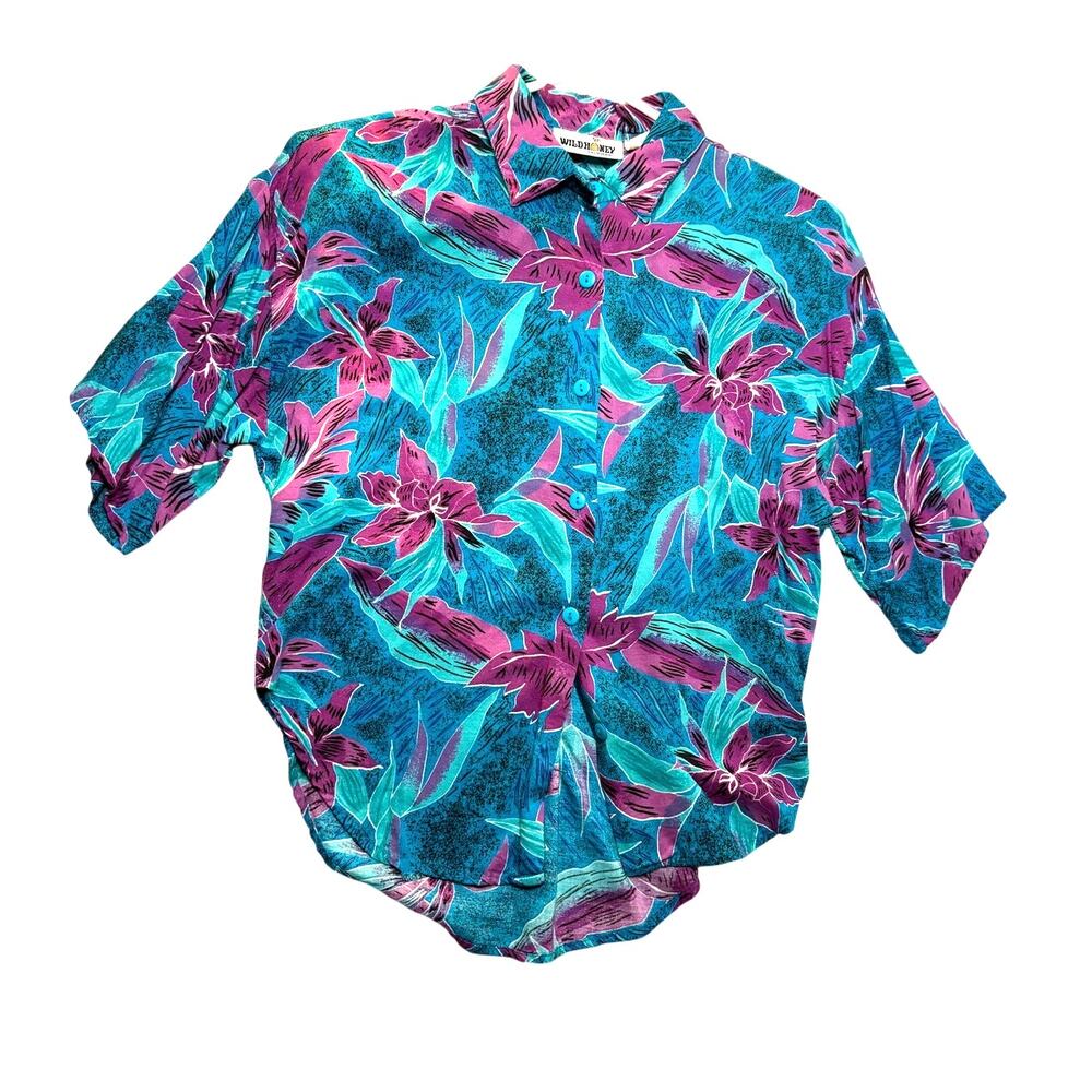 Vntg Floral Short Sleeve Blouse Sz Small Wild Honey Shoulder Pads Rayon Beachy